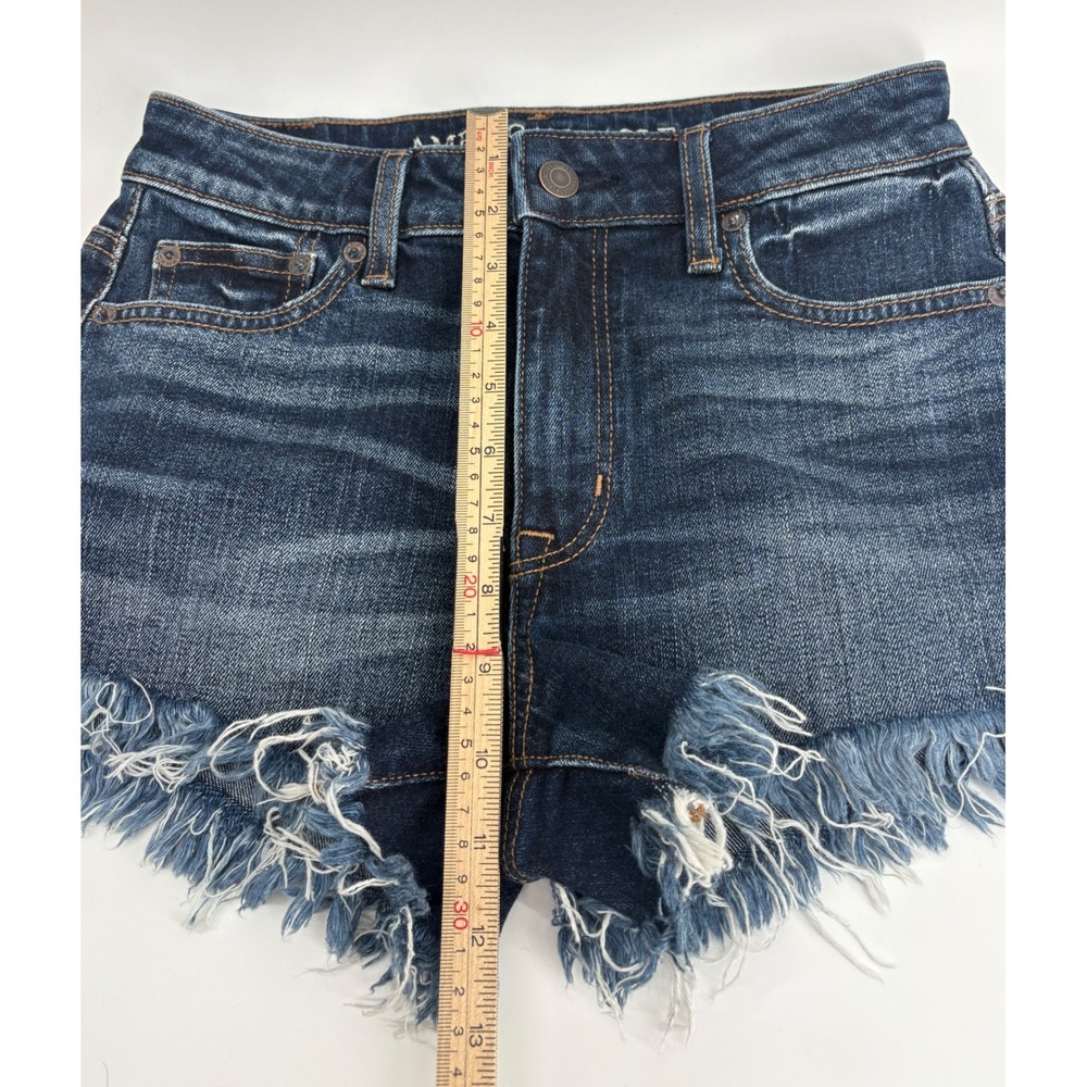 American Eagle Vintage Hi-Rise Festival Denim Shorts Dark Wash Frayed Hem Size 0 - Picture 7 of 7